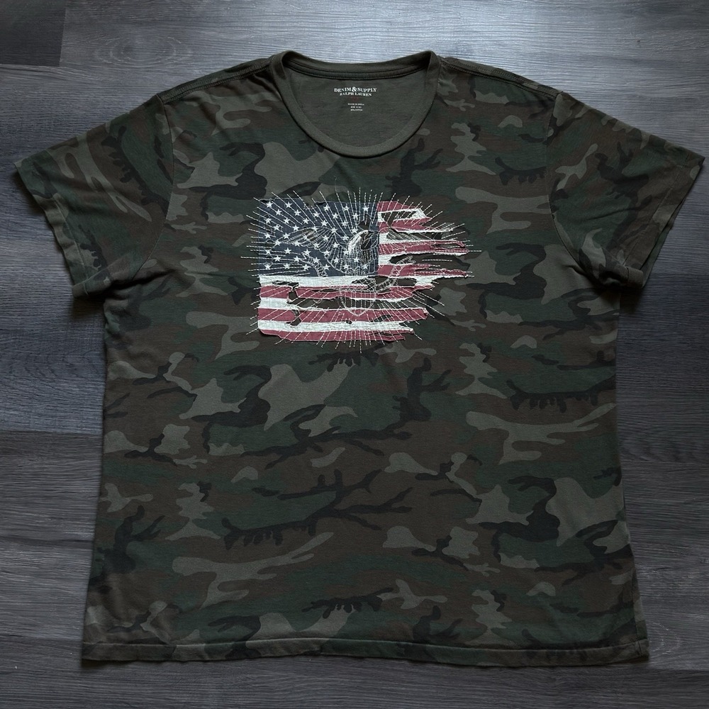 VTG Ralph Lauren Denim & Supply Camo USA Flag T-shirt Mens XL Eagle Embroidered